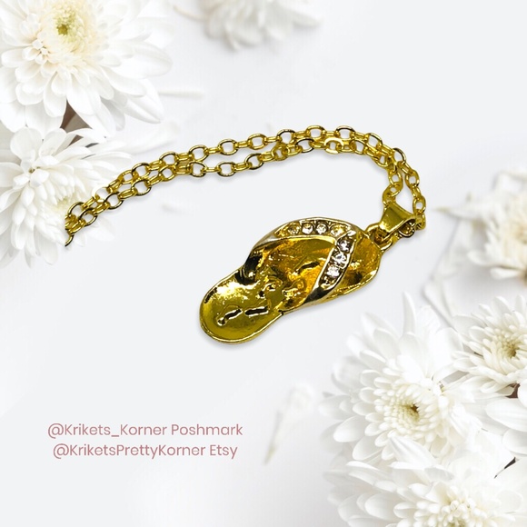 Flipflop Necklace in gold color with diamond like gems. - Picture 2 of 6